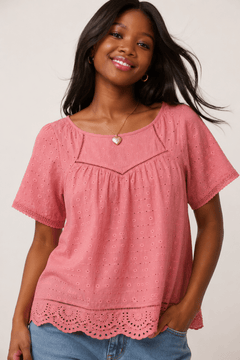 Embroidered Broderie Blouse in Rose Pink- Size: M/L