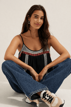 100% Viscose Tank Top with Embroidered Trim- Size: L