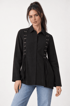 Black Lace-Up Blouse in Viscose - Size: M