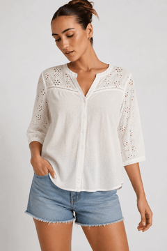 Cotton Embroidered Eyelet Blouse - Size: M