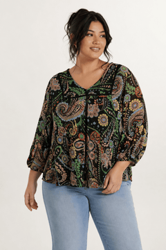 Dark Paisley Blouse with Front-tie- Size: XL