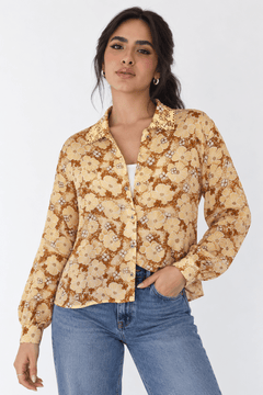 Embroidered Collar Blouse in Yellow - Size: M/L