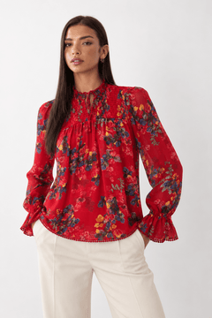 Floral Smocked Chiffon Blouse - Size: M