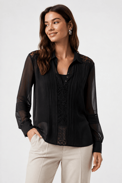 Lace-shoulder Panel Blouse - Size: M