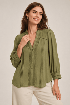 Olive Green Textured Blouse - Size: L