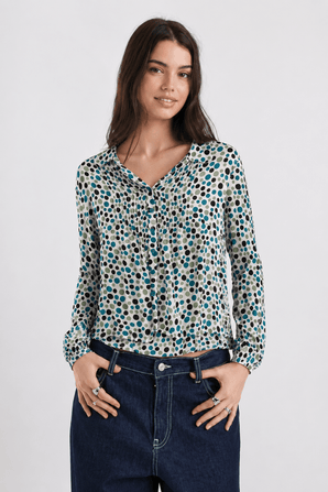 Teal Polka Dot Pleated Blouse - Size: L