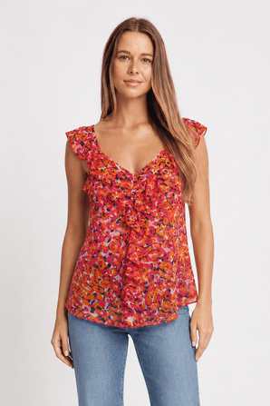 Ruffled Top in Bold Pattern- Size: M