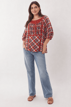 Scoop Neckline Cotton Blouse in Mixed Patterns- Size: XXL