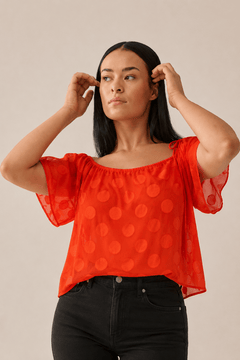 Wide Neckline Blouse in Red Orange Tone- Size: XL/XXL