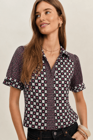 Bold Geometric Pattern Blouse in Satin Fabric- Size: M