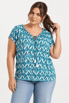 Teal Tassel Blouse in Viscose- Size: XL/XXL