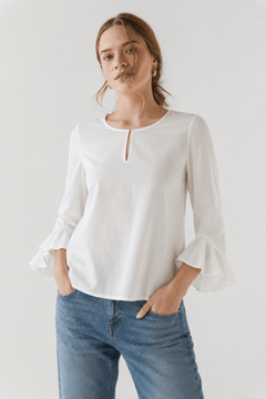 Cotton Blouse with Flared Cuffs- Size: S