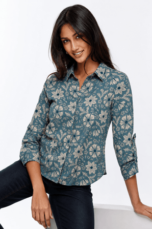 Organic Cotton Shirt in Teal and Grey- Size: S/M