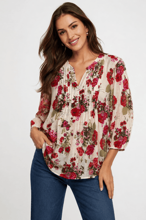 100% Cotton Blouse with Red Rose Print - Size: S