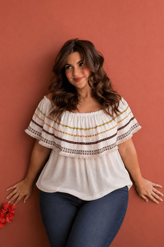 Embroidered Bardot Top in Viscose- Size: XXL