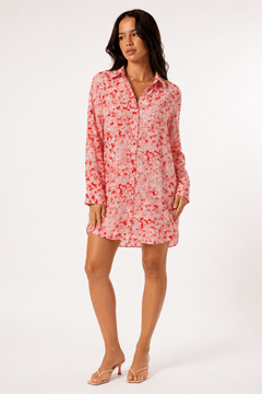 Abstract Pattern Shirt Dress in Bright Red- Size: S