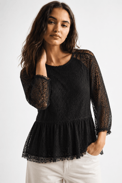 Black Lace Blouse with Sheer Sleeves- Size: XS