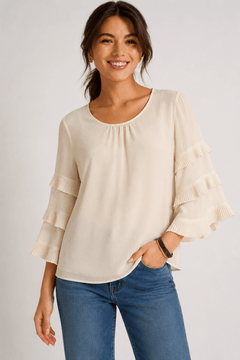 Chiffon Blouse with Tiered Ruffle Sleeves - Size: M/L