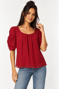 Pleated Neck Blouse in Deep Red- Size: S