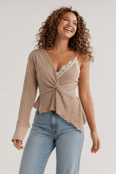 Asymmetric Lace trim textured Blouse- Size: XL