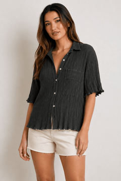 Crinkled Black Button-Up Shirt - Size:M