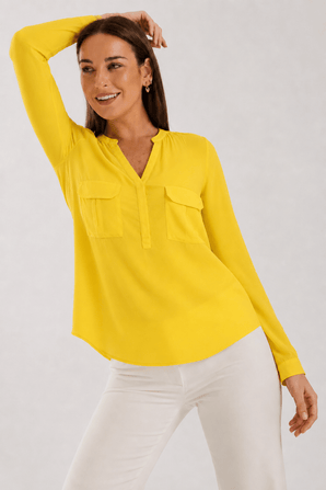 Energetic Yellow Blouse with Chest Pockets- Size: S