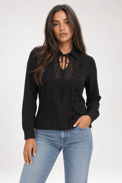 Lace Ruffle Detail Blouse in Black- Size: S