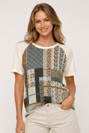 Patchwork Pattern Short-sleeve Top - Size: S
