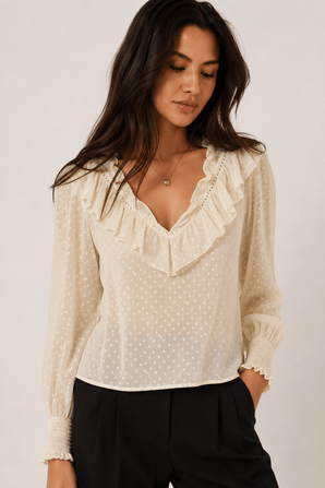 Sheer Ruffled Blouse in Cream - Size: M