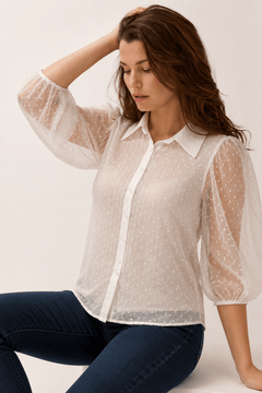 Shimmery Blouse with Sheer Balloon Sleeves- Size: L