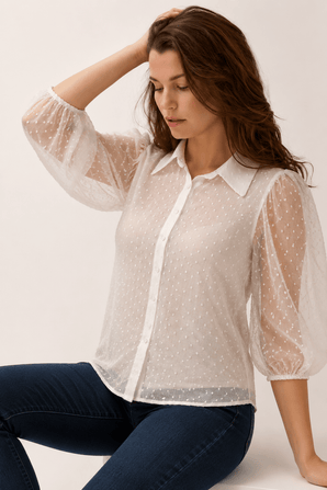 Shimmery Blouse with Sheer Balloon Sleeves- Size: L