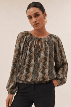 Snake Print Shirred Blouse - Size: XL