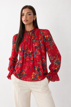 Floral Smocked Chiffon Blouse - Size: M