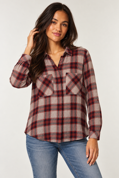 Classic Flannel Shirt in Gray & Burgundy- Size: M