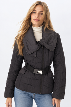 Belted Shawl Collar Puffer Jacket - Size: S