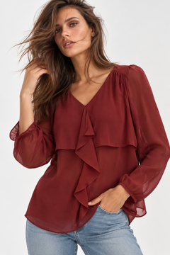 Sheer Ruffle Blouse in Maroon- Size: M