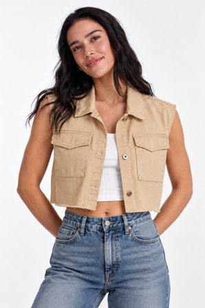 Cropped Cotton Vest with Frayed Hem - Size: M/L