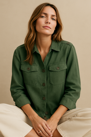 Linen Over Shirt in Olive Green - Size: L