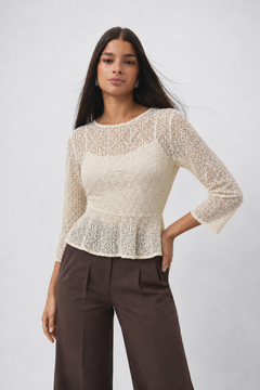 Lace Peplum Top in Cream- Size: S/M