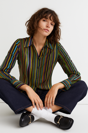 Satin Effect Colorful Striped Blouse - Size: S