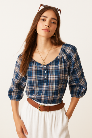 Dark Blue Plaid Blouse- Size: S