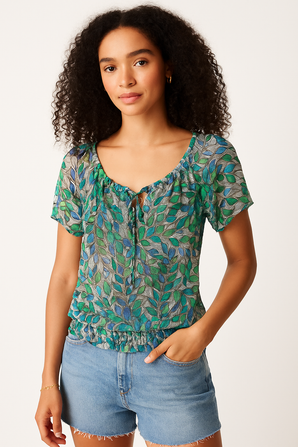 Printed Tie Front Top- Size: S