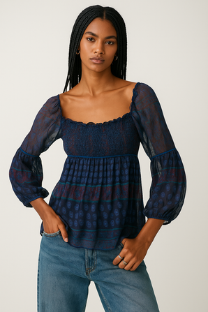 100% Silk Blouse in Shades of Blue- Size: S
