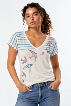 Striped Bird Motif Tee in Cotton - Size: M/L