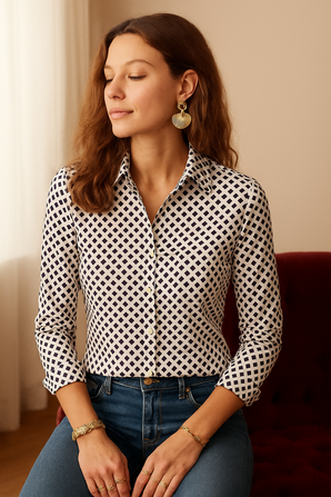 White Shirt with a Navy Diamond Pattern- Size: S