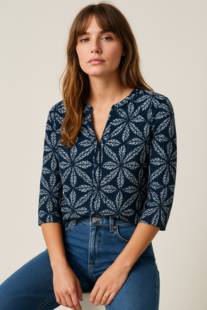 100% Cotton Blue Printed Blouse - Size: S