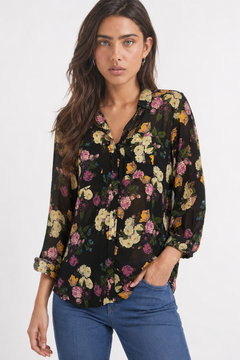 Dark Floral Blouse in Long Silhouette- Size: L