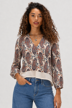 Paisley V-Neck Layered Blouse - Size: XS
