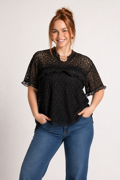 Zara Guipure Lace Top in Classic Black - Size: L