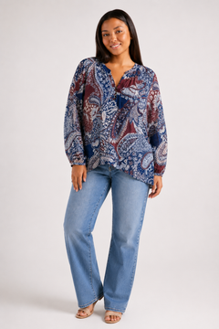 Paisley Blouse in Blue Maroon - Size: XXL